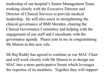 Clinical Chair at BMI Meriden Hospital – since March 2021