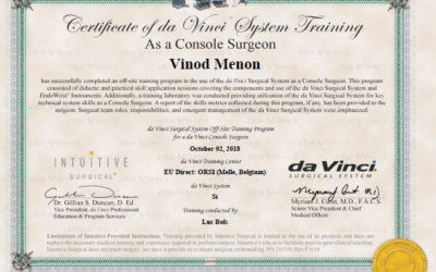 Intuitive Surgical, Inc. | Technology Training Multi-Port Training Certificate for Dr. Vinod Menon 02-October-2018